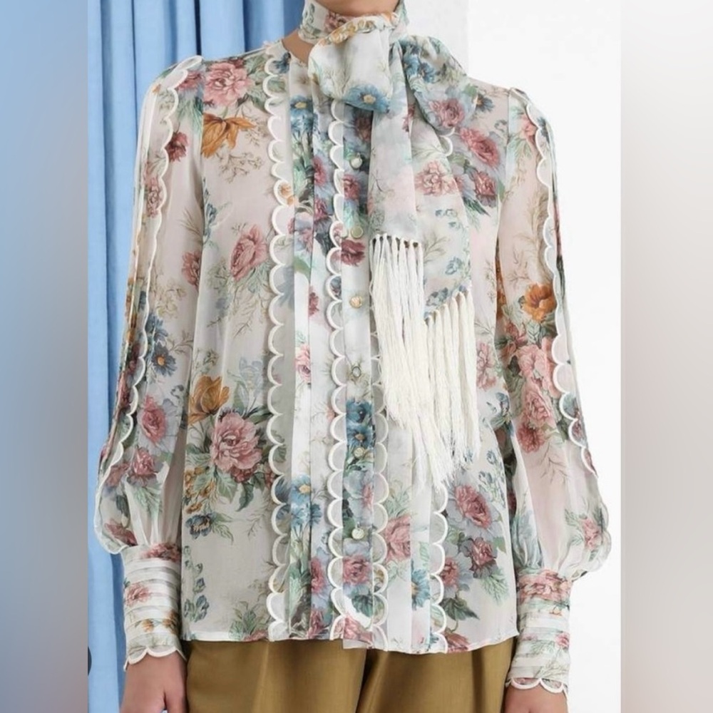 Zimmermann floral silk blouse scallop multicolor top shirt scarf fringe white